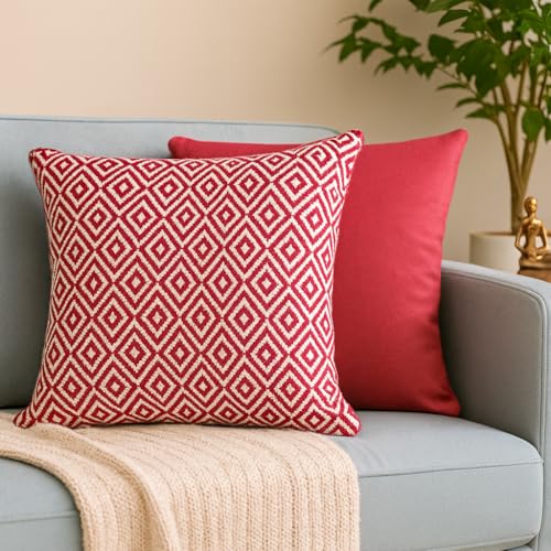 Image of Reversible 20x20 Pink Cotton Argyle Woven Pack of 2 Fashion Throw Pillow Covers Cases for Couch Sofa Home Decoration | 50 x 50 cm