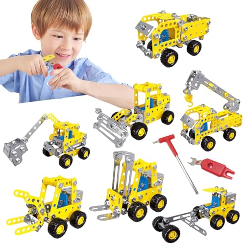 QiLumier Kit de Construction métallique - Véhicule de Chantier, avec 180 pièces, 7 modèles de Puzzles métalliques en 3D, Cadeaux pour Enfants, Jouets de...