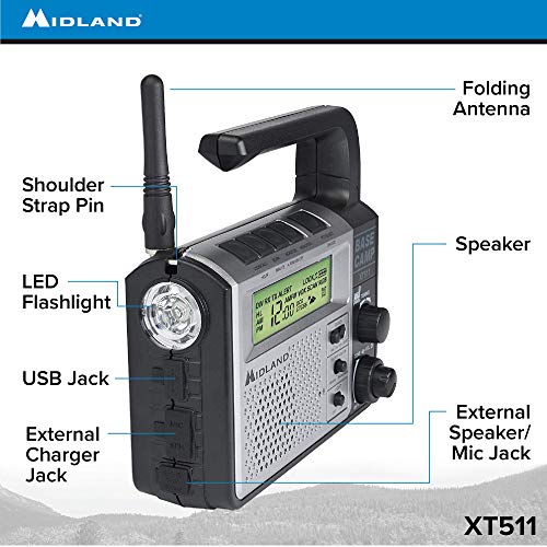 Midland® - XT511 - Emergency Radio - 22 Channel Two-Way Base Camp Radio with 5 Power Options, 121 Privacy Codes, 3-LED Flashlight & NOAA Weather Scan + Alert - Gray/Black - Image 6