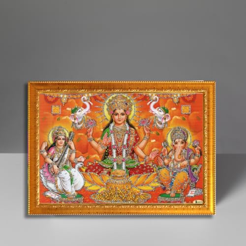 Image of CRAFT QUEST Lakshmi Devi with ganesh ji and saraswati mata Wall Painting Photo Frame for Diwali Pujan (Synthetic, Golden, Sparkle Finish, Small Size, 8 X 6 Inch)