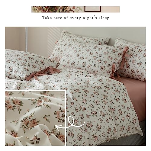 VM VOUGEMARKET Pink Flower Duvet Cover Set Twin 3 Pieces Girls Cottagecore Bedding Set 100% Cotton Peach Floral Comforter Cover with Zipper Closure,Vintage Country Bedding-68x86 Inch