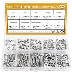 Sutemribor 254 Pieces #4-40 x 3/16″, 1/4″, 5/16″, 3/8″, 1/2″, 5/8″, 3/4″, 1″, Phillips Pan Head Machine Screws Nuts Washers Assortment Kit