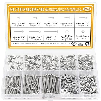 Sutemribor 254 Pieces #4-40 x 3/16", 1/4", 5/16", 3/8", 1/2", 5/8", 3/4", 1", Phillips Pan Head Machine Screws Nuts Washers Assortment Kit