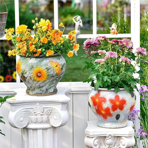 Pot de fleurs en céramique jaune et bleu style baroque Yofab pour cadeau