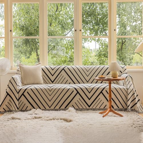 VClife Modern Geometric Couch Slipcover Black Beige Cream Arrow Herringbone Sofa Couch Cover, Skin-Friendly Fur Resistant & Non Slip Sectional Couch Cover for 3 Cushion Sofa Couch with Tassel