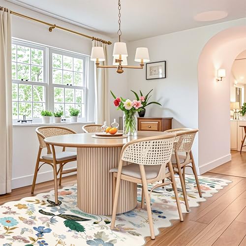 Hallway 4x10 Washable Area Rugs: Indoor Floral Scalloped Rug for Kitchen Entryway Farmhouse Nursery Bathroom Soft Carpet with Non Slip Backing Water Resistant Thin Laudry Floor Mat (4x10,Cream)