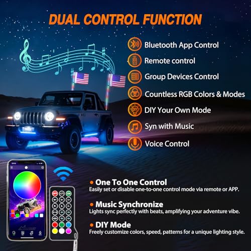 Image of Nilight LED Whip Light 2PC 6FT Spiral RGB Antenna Whips with Spring Base, App /Remote Control DIY Chasing Patterns Brake & Reverse Turn Signal Lights for Side by Side ATV UTV RZR Can-Am Buggy Jeep