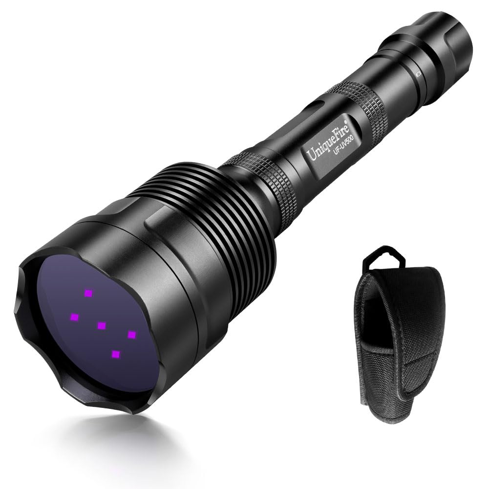UniqueFire Black Light UV Flashlight with 5 LEDs Professional UV Light, 50W Powerful Blacklight Flashlight for Pet Urine Finding & Mineral, Antique Detection, Scorpion Search, etc (365nm)