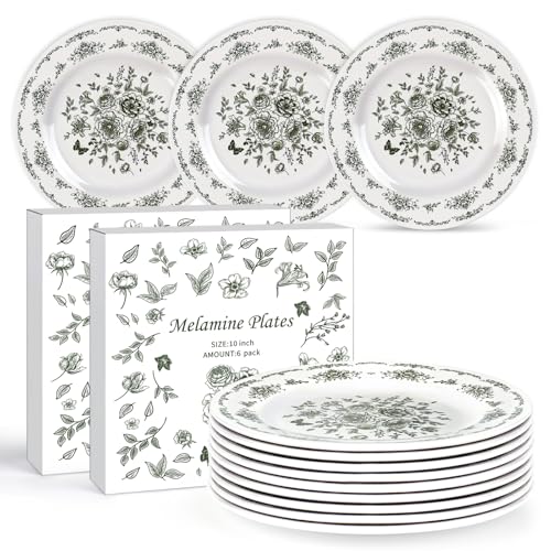 HKSZEH 12 Piece Vintage Melamine Dinner Plates 10 inch Green and White Floral Decorative Plates Unbreakable BPA Free Platos De Flower Salad Dessert Plate for Wedding Birthday Tea Party Table Supplies