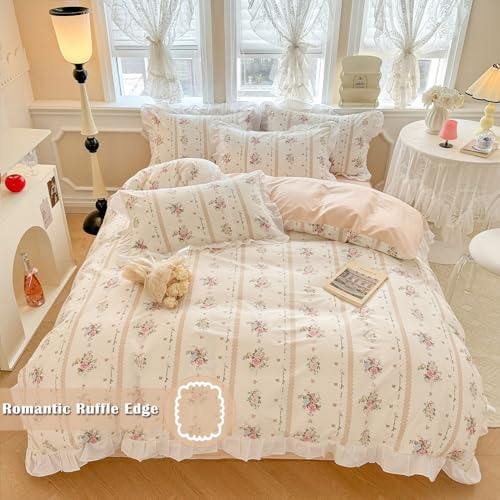 Image of VM VOUGEMARKET Ruffle Duvet Cover Queen with Elegant Pink Flower Printed Romantic Lace Comforter Cover with Zipper Ties Cotton Princess Bedding Set for Teen Girls