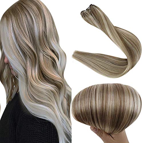 Full Shine Weft Human Hair Extensions For Braiding 100 Gram Double Weft Hair Bundles Balayage Extensions 20 Inch Sew In Weft Hair Real Weave Color 8 Highlight 60 Blonde Remy Hair Weft