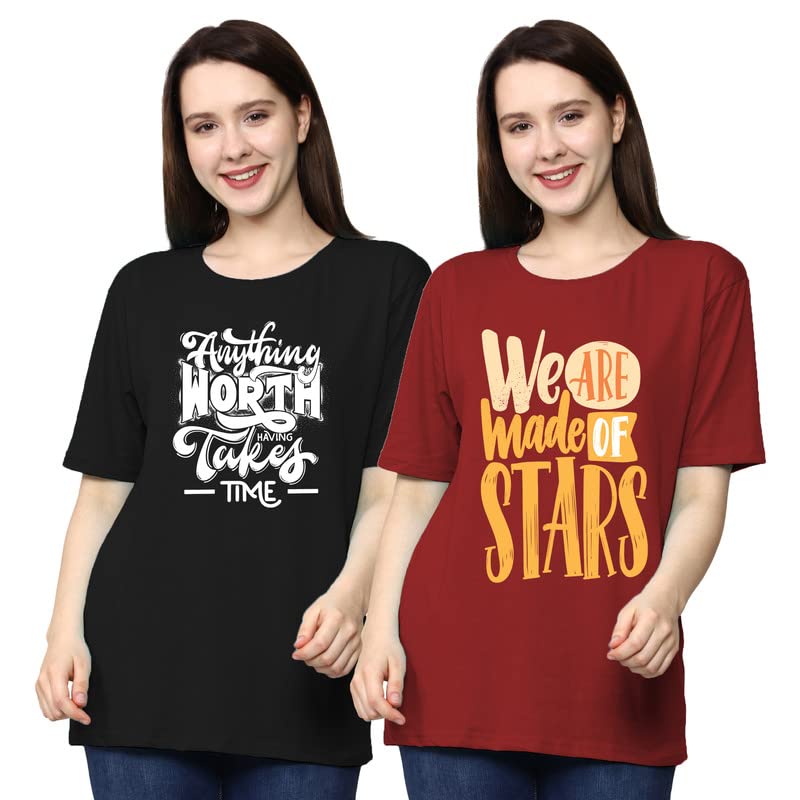 Image of Reifica Women's Printed Oversized Loose Fit Drop Shoulder Tshirts Combo Pack of 2