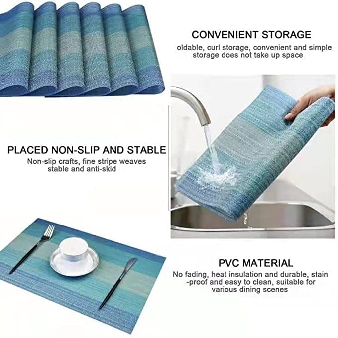 Image of YELONA Rectangular Crossweave Woven PVC Vinyl Non-Slip Insulation Heat-Resistant & Waterproof Stain Resistant Washable Placemat for Dining & Kitchen Table-(Blue,Set of 4)