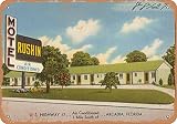 10 x 14 METAL SIGN - Florida Postcard - Motel Rushin air conditioned, U.S. highway. 1 mile south of. Arcad - Vintage Rusty Look