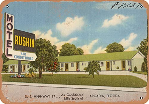 10 x 14 METAL SIGN - Florida Postcard - Motel Rushin air conditioned, U.S. highway. 1 mile south of. Arcad - Vintage Rusty Look