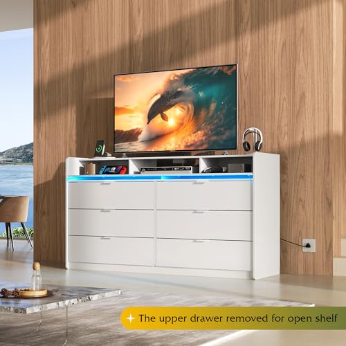 WLIVE 9 Drawer Led Dresser for Bedroom, 58.35'' White Wood Dresser Storage Organizer with Power Outlets for 65'' TV, Dressers with Open Shelves, Chest of Drawers for Closet, Living Room