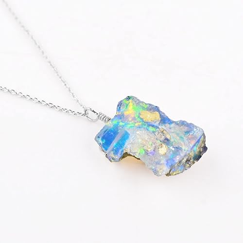 Miniatura 3 de Natural Ultra Fire Raw Ethiopian Opal Rough Handmade Dainty Pendant Necklace For Women, Healing Chakra Crystals, Birthstone Jewelry, Rhodium Plated
