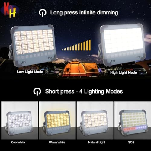 Image of kh Solar LED Work Light, Portable Rechargeable Flood Light with USB Charging, 5 Lighting Modes, IP66 Waterproof, Solar Emergency Lamp for Camping, Garage, Farm, Hotel & Power Outage (Grey)