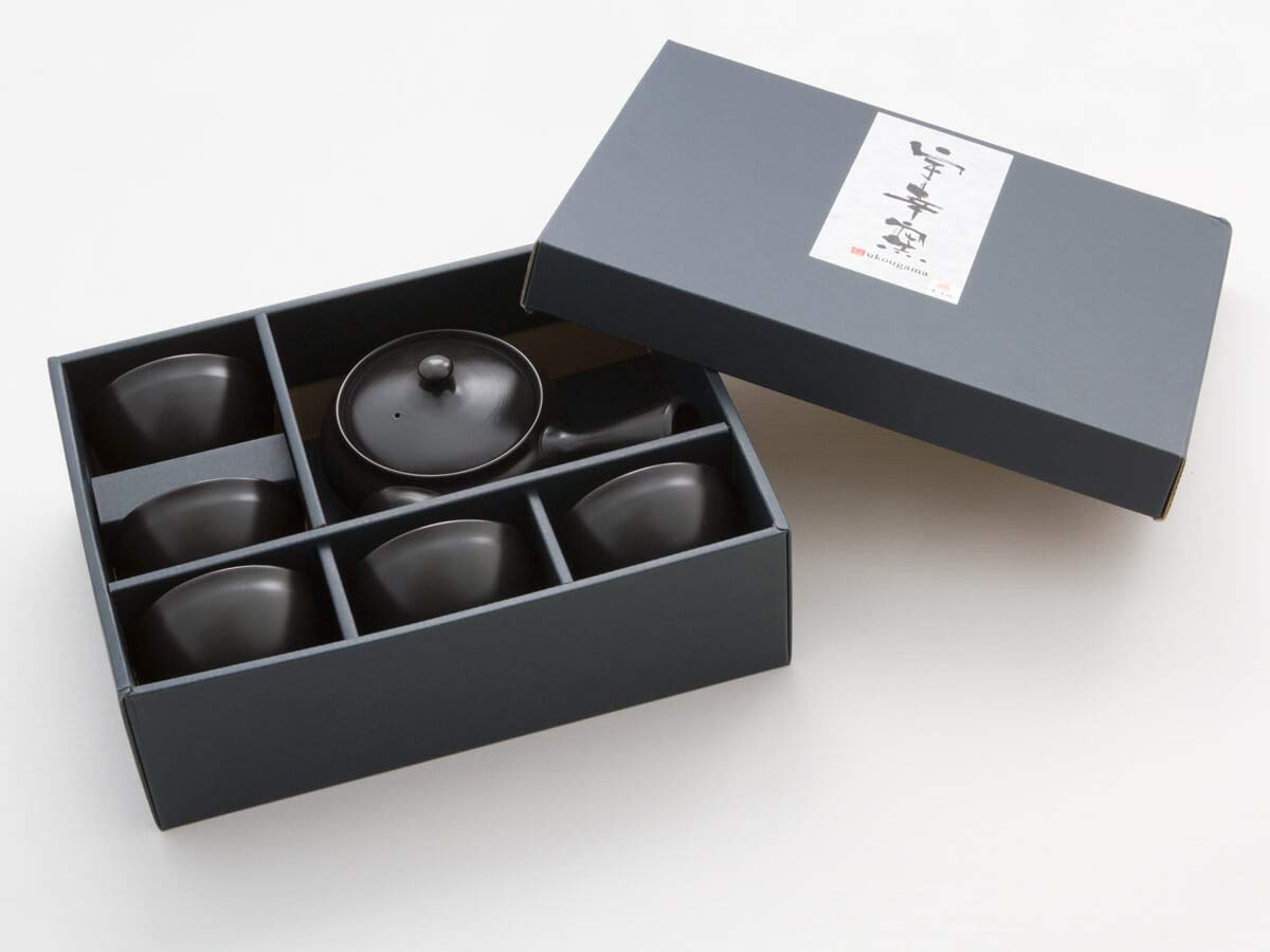 Original japanische Teekanne, Kyusu, mit 5 Becher: Kuro Hiramaru. Integriertes Tee-Sieb aus Edelstahl. Echt japanisches Tee-Set aus natürlichem Tokoname-Ton in schöner Geschenk-Box