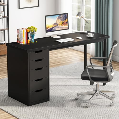 Image of Tribesigns Computer Desk with 5 Drawers, 47 inches Rustic Brown Home Office Desk with Storage, Modern Simple Laptop Desk Study Writing Table for Small Spaces (1, Black)