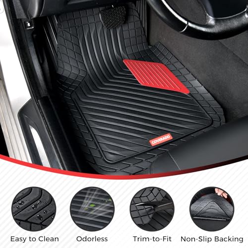Image of Coverado Heavy-Duty PVC Car Floor Mats Full Set - Red Metallic Heel Pad, All-Weather Protection for Front & Rear, Non-Slip Backing, Easy-to-Clean Liners, 4 Pcs