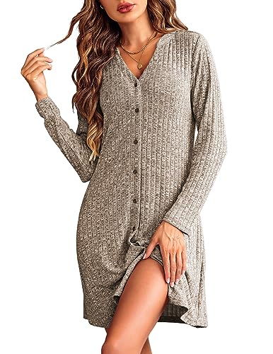 Image of Ekouaer Nightgowns for Women Button Down Night Shirt Long Sleeve Ribbed Knit V-Neck Sleepwear Pajama Dress