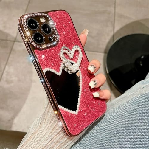 Coque iPhone 14 paillettes luxe avec miroir coeur diamant perle