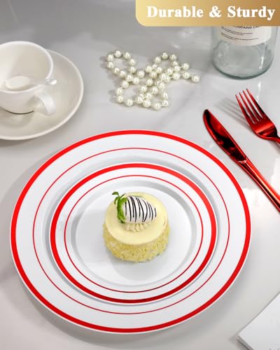 Image of Goodluck 200 Pack Red Rim Plastic Plates - 100 Dinner Plates (10.25 inch) & 100 Dessert Plates (7.5 inch) - Heavy Duty Disposable White Plates with Elegant Red Trim - Premium Dinnerware Set for Wedding