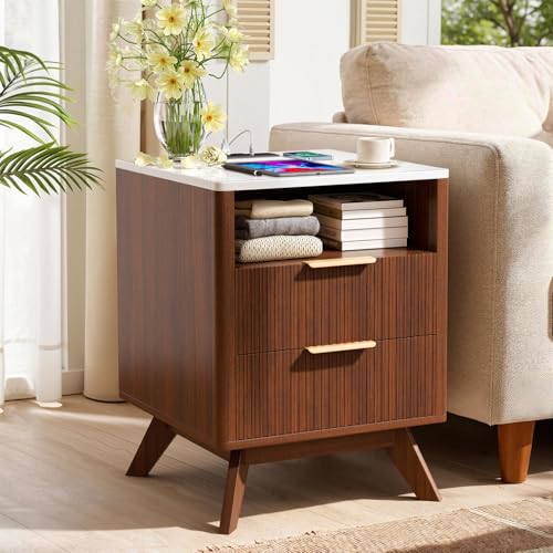 Image of Nebuaegis Modern Nightstand,Side Table with Charging Station,Bedside Tables with Drawer,Mid-Century End Tables Set (1-Piece),Walnut