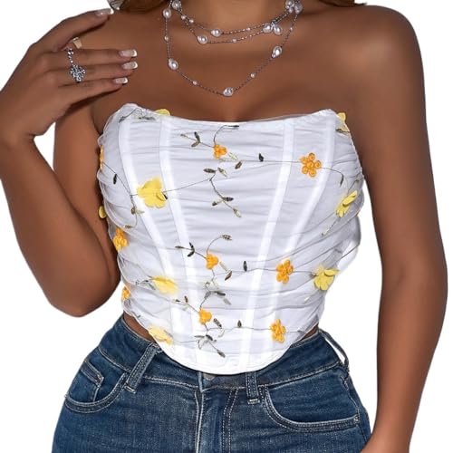 Corset Y2K femme brodé haut tubulaire sans bretelles dos nu mode vintage