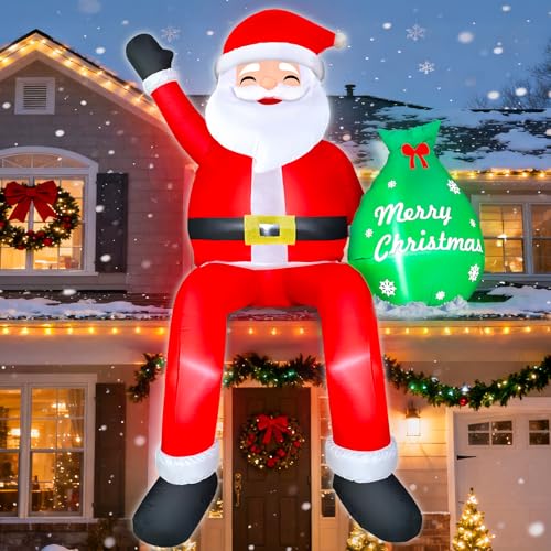 8FT Santa Claus Sitting on The Roof Christmas Inflatable Decoration with Gift Bag & Built-in LEDs Giant Blow Up Inflatable Christmas Decorations Outdoor for Xmas Yard Terraces Balcony