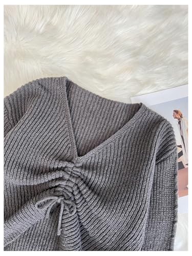 SweatyRocks Girl's V Neck Cropped Sweater Ruched Drawstring Long Sleeve Knit Pullover Tops3