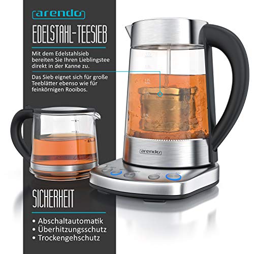 Arendo - Glas Wasserkocher mit Temperatureinstellung und Teesieb sowie Aufsatz - Türkischer Teekocher - Edelstahl - Temperaturen 70, 80, 100 Grad - 1,7 Liter - 2400 Watt - Abschaltautomatik – Bild 3