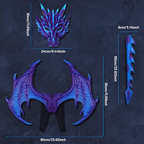 Hyperfun Dragon Wings Costume For Kids Dinosaur Tail Mask Set, Cool Halloween Costume Cosplay Dragon Costume Mask For Children Boys (Glacier Blue) #TOP2