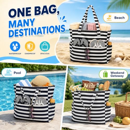Image of LEDAOU Beach Bag Waterproof Sandproof Women Beach Tote Pool Bag with Zipper for Swim Gym Grocery Travel with Wet Pocket | Sandproof