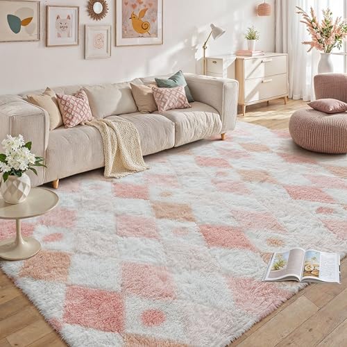Checkered Rug 9x12 Fluffy Shag Living Room Pink Area Rug Modern Washable Carpet Soft Shaggy Non Slip Indoor Plush Fuzzy Rugs for Bedroom Dorm Office Home Aesthetic Decor 9' x 12' (Rectangula