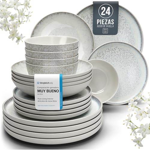 Juego de Vajilla de Steingut Ibiza para 6 Personas - 24 Piezas, Set de Vajilla para Lavavajillas y Microondas - Moderno Juego de Platos - Servicio de Pure Living en beige claro
