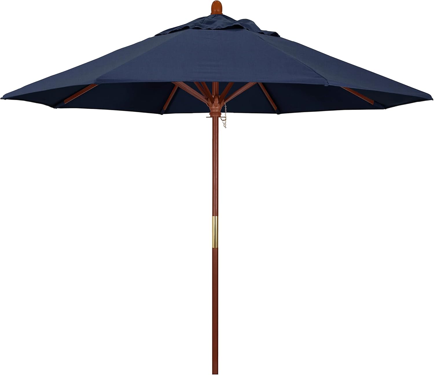 California Umbrella 9' Rd. Wooden Market Umbrella, Push Open Pin Stop, Sunbrella Air Blue