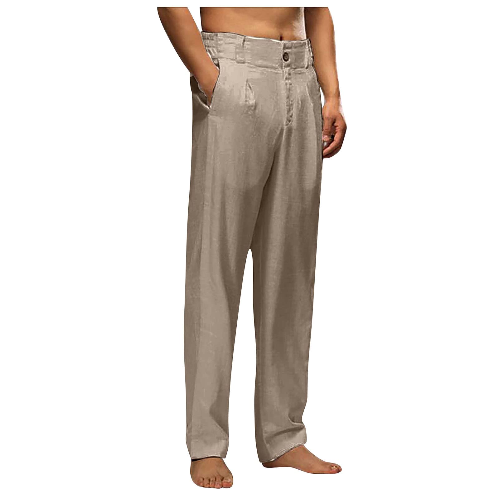 Mens Casual Solid Color Button Down Loose Straight Leg Cotton Linen  Trousers with Pockets Basic Breathable Comfortable Outdoor Pants Holiday  Trousers