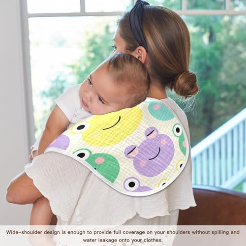 Cute Cartoon Frog Faces Muslin Burp Cloths 22x11 Inch - 4-Layer Organic Cotton & TPU Waterproof Lining, Absorbent Baby Bibs for Boys/Girls with Hanging Loop 7