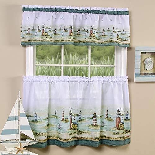 PowerSellerUSA 3-Piece Kitchen Curtains and Valance Set, Seashore Natuical Window Curtains, Stunning Kitchen, Living Room and Bathroom Decor, Cafe Curtains, 58