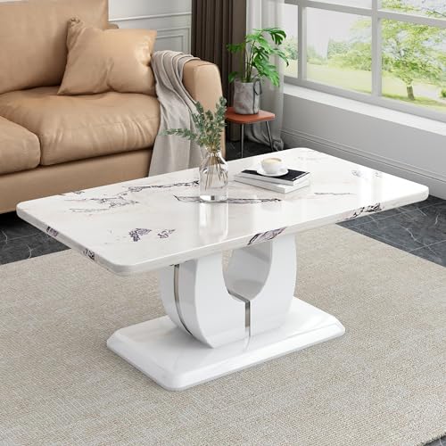 Vohward 47 Inch Faux Marble Coffee Table, Large Modern Coffee Tables for Living Room, Rectangular Center Table Tea Table Accent Furniture, Cream White Marble-Looking Desktop