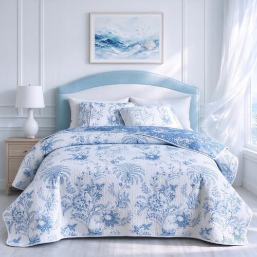 Flysheep Reversible Quilt Set Twin Size, 2 Pieces White Blue Botanical Floral Printed Summer Bedding Set, Soft Microfiber Lightweight Bedspread/Coverlet for All Season - 68"x86"