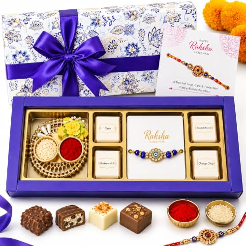 Image of VELVET FINE CHOCOLATES Rakhi Gift Box with 4 Assorted Chocolates (Cookies & Cream, Orange Crisp, Butterscotch & Roasted Almond) with a Rakhi & Kumkum-Chawal Thali | Raksha Bandhan Gift for Brother & Sister