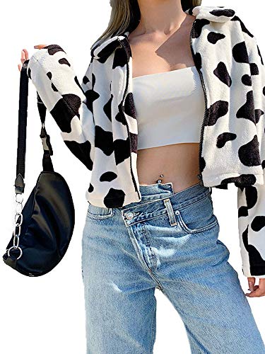 Women Cow Print Teddy Jacket Long Sleeve Fluffy Zipper Casual Short Fur Coat (White, M)