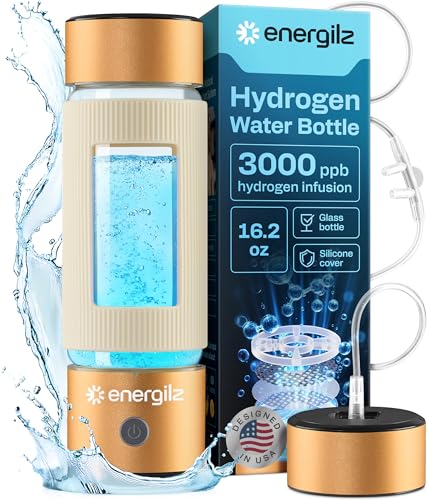 Energilz Hydrogen Water Bottle | Large 16.2 oz (480 ml) Hydrogen Water Bottle Generator 3000 ppb | Hydrogenator Machine | SPE/PEM Hydrogenated Ionizer Generator(Golden w/Beige)