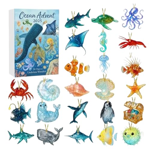 Calendario De Adviento Oceánica 2025 2D Acrílico 26x18x3cm 24 Días Calendario Navidad Cuenta Regresiva Decoraciones Marinas Llavero Acrílico Temático De Animales Marinos Para Niños
