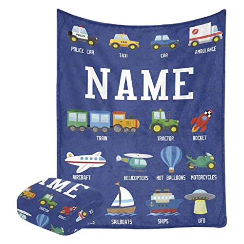 Name Blanket Custom for Crib Liner Nursery Toddler Kids Baby, Transport Vehicle Car, Airplane, Train, Ships Fleece Travel Blaket Custom Gift for Surprise Blanket 30\" X 40\"