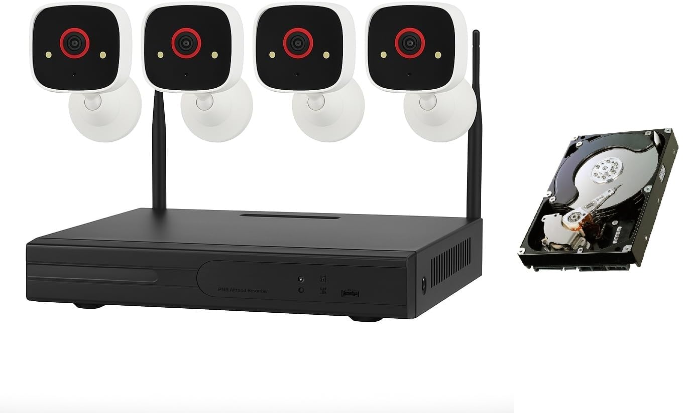 Kit Videosorveglianza Wireless AB-JK54 con 4 Telecamere HD, DVR con Hard Disk 500GB, Visione Notturna Infrarossi, Rilevamento Movimento e Notifiche via App TopsCloud