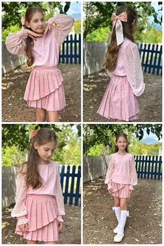 Image of Arshiner Girls Long Sleeve Shirt with Ruffle Cuffs Polka Swiss Dots Kids Girls Pullover Shirts Cute Crewneck Girls Top